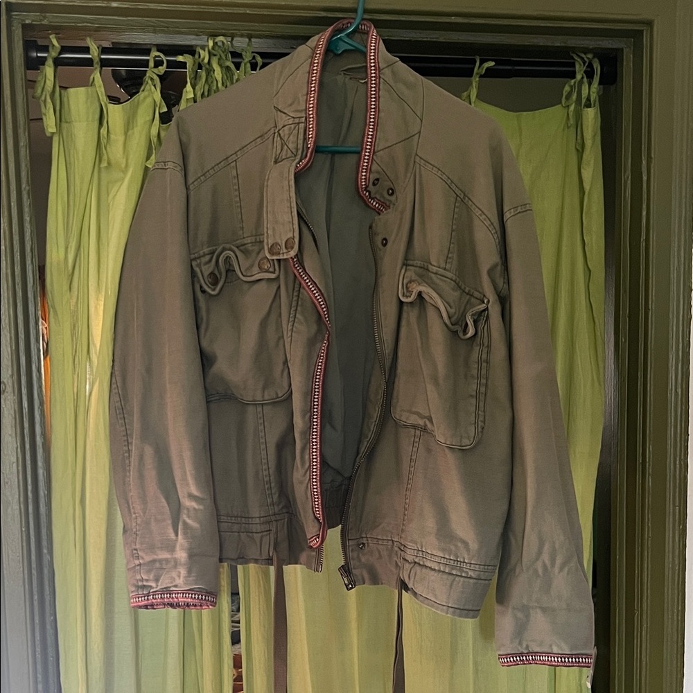 Free People Utility Jacket in Olive with Red Accents